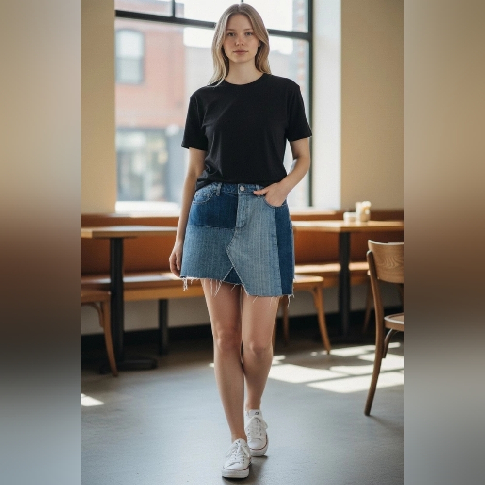 Philosophy Patchwork Denim Mini Skirt in Light and Dark Blue Jeans Size 8